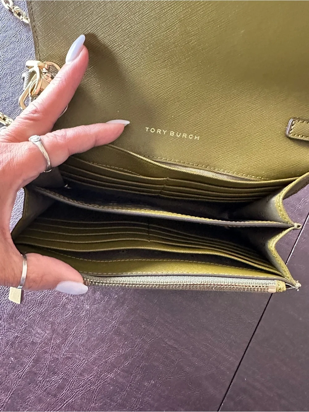 Tory Burch Olive Green Leather Compact Wallet with Gold Logo